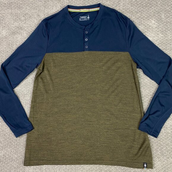 Smartwool Merino Sport 250 Henley Shirt Mens Medium Green Blue Hiking Base Layer - Picture 1 of 10